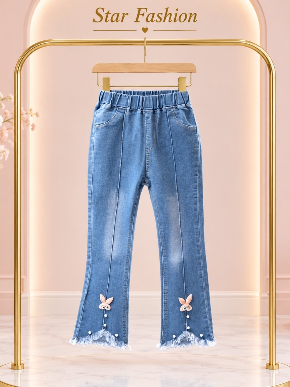 Light Blue Embellished Wide Leg Jeans